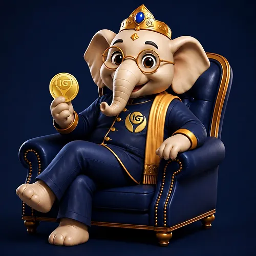 Invest Gold royal elephant mascot holding a gold IG coin